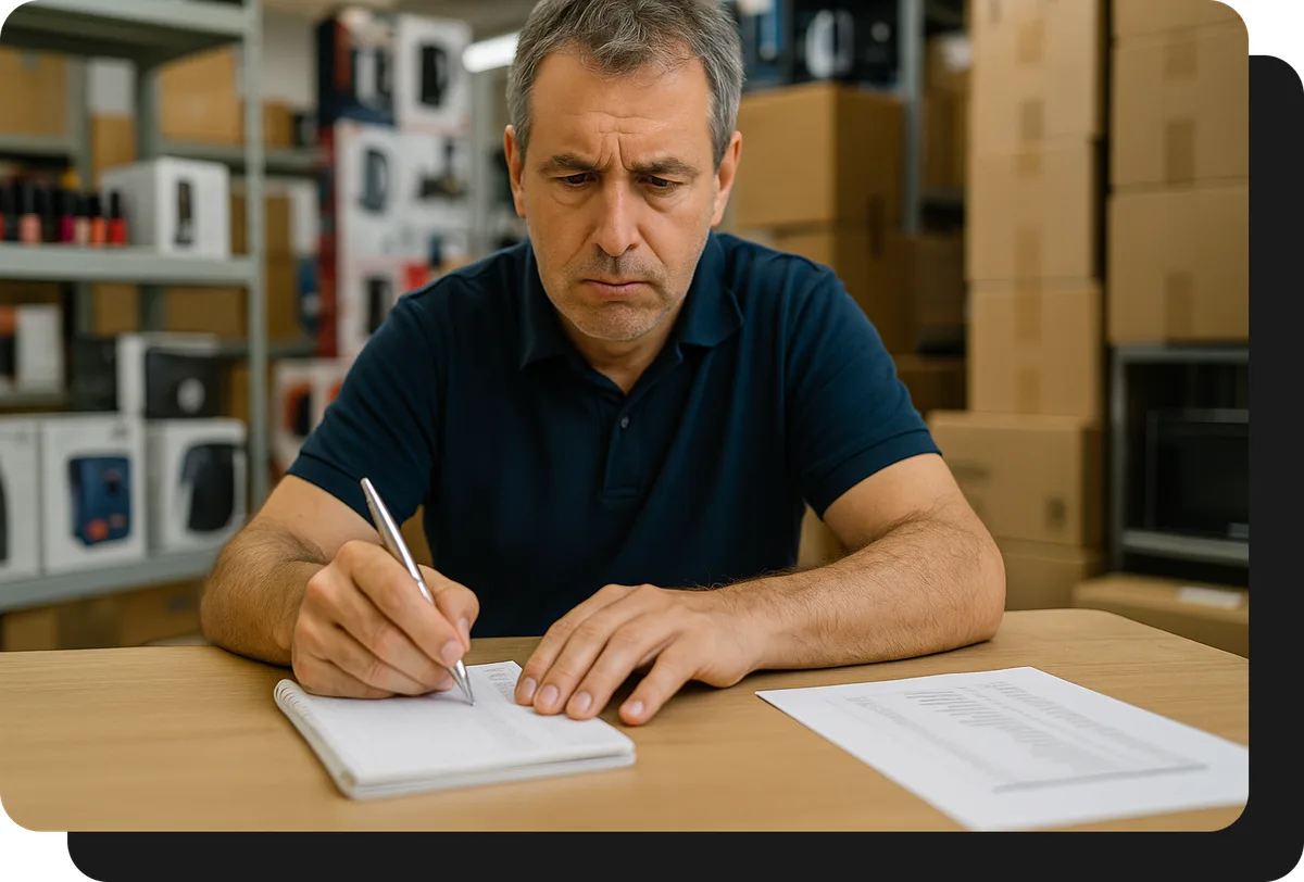 Mayorista de tecnología y electrodomésticos tomando pedido a mano sin ventasxmayor.com.mx