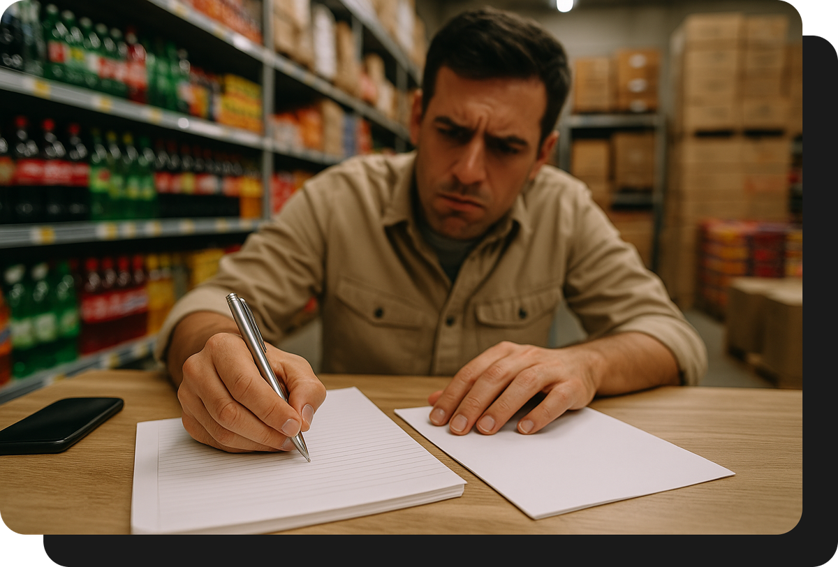 mayorista de alimentos y bebidas tomando pedido a mano sin ventasxmayor.com.mx