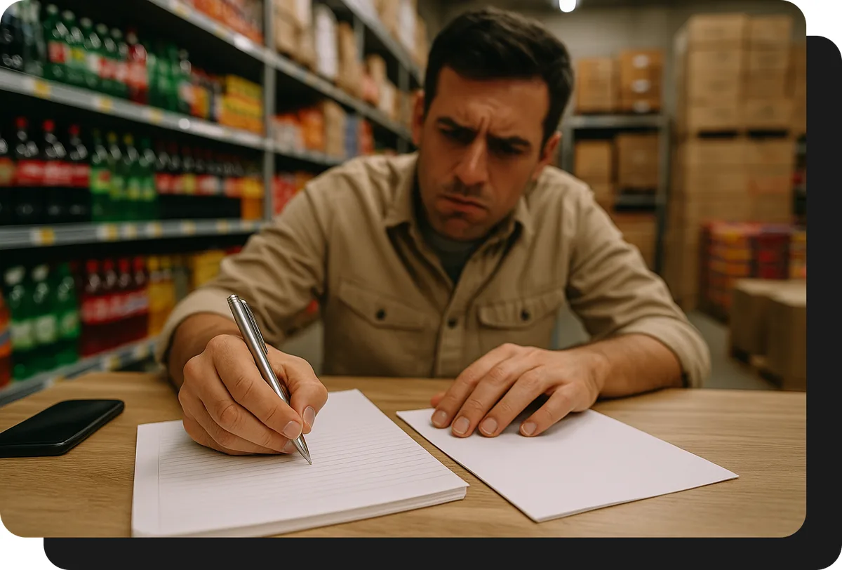 mayorista de alimentos y bebidas tomando pedido a mano sin ventasxmayor.com.mx