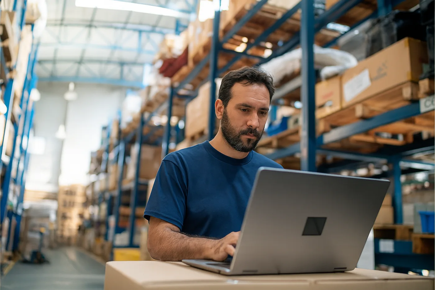 Mayorista revisando en su depósito cuántas unidades pedir a fábrica