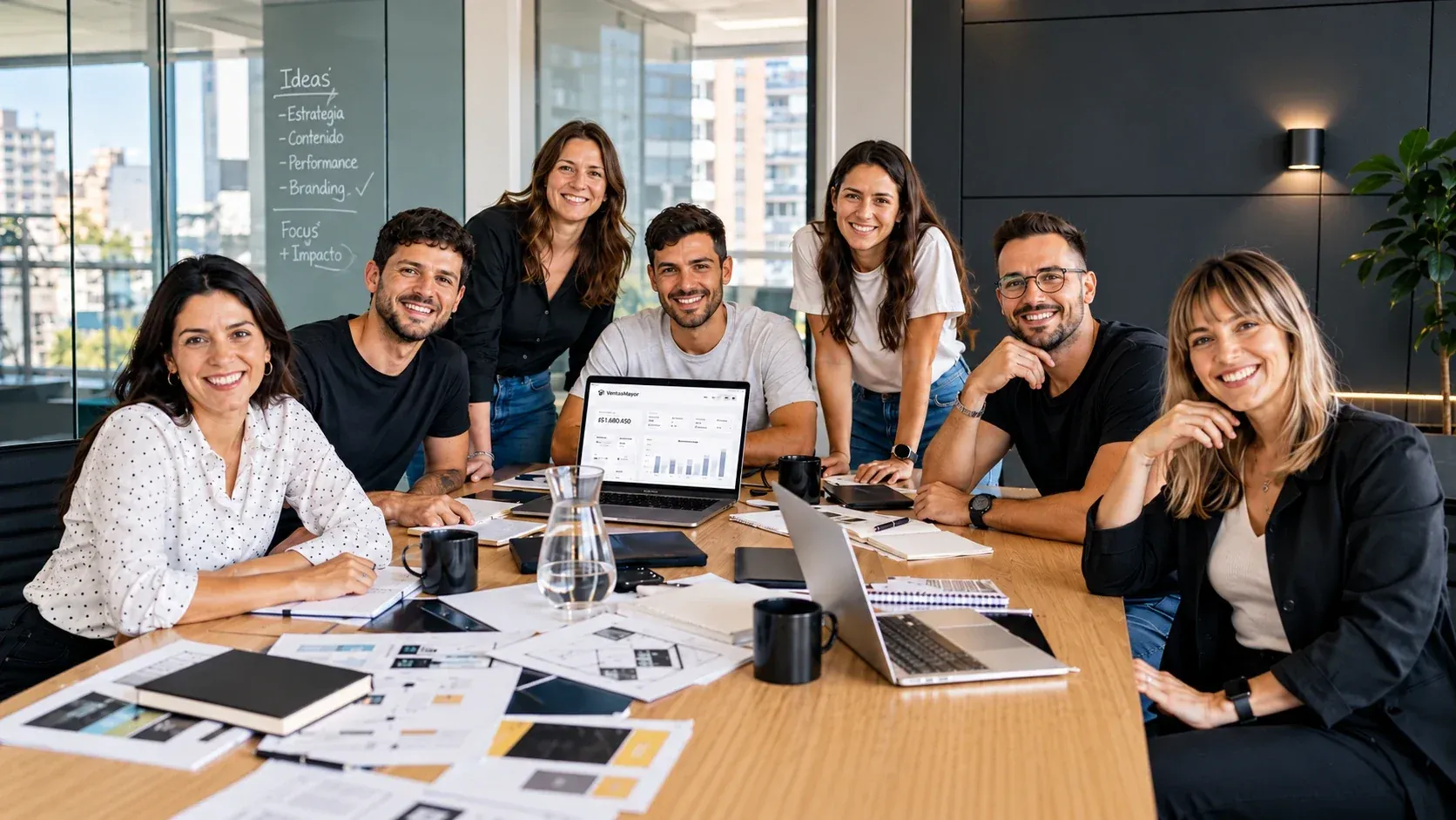 Equipo de una agencia socia de VentasxMayor alrededor de la mesa de reuniones, con la notebook abierta en el panel de ventas de una tienda mayorista B2B