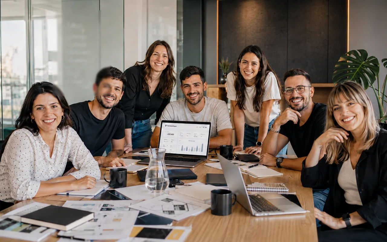 Equipo de una agencia socia de VentasxMayor reunido alrededor de la mesa, con el panel de una tienda mayorista B2B abierto en la notebook